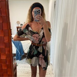 Y2K flowy lily print off-shoulder mini dress. FreePeople tag for visibility.